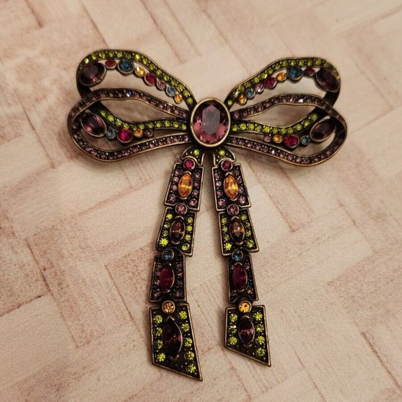 Heidi Daus Jewelry - Heidi Daus Ribbon Bow Bronze Tone purple yellow 3" Brooch Pin Signed